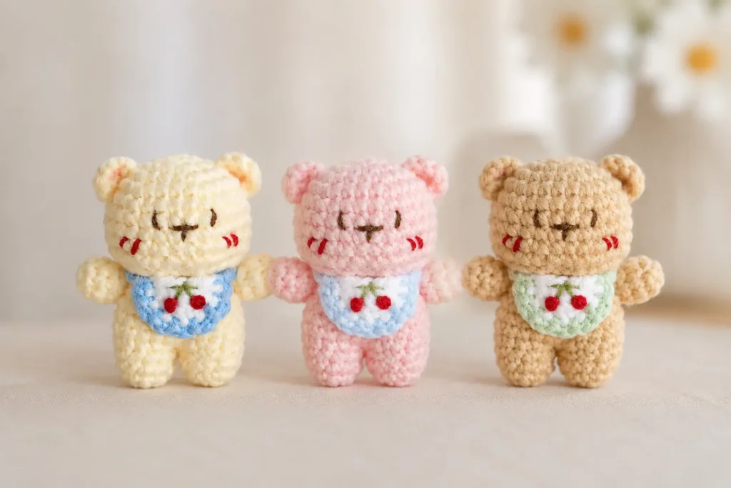 little bear with cherry bib crochet pattern - featured image