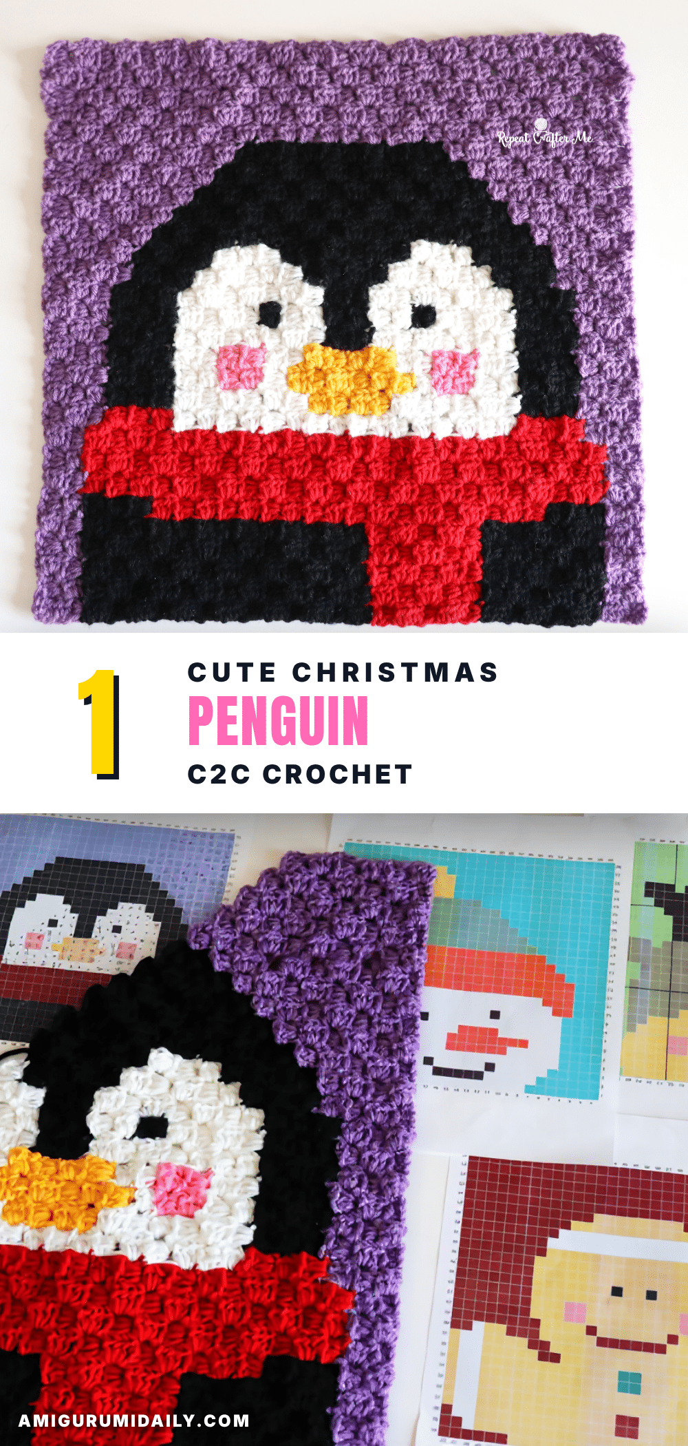 christmas penguin c2c crochet square crochet pattern